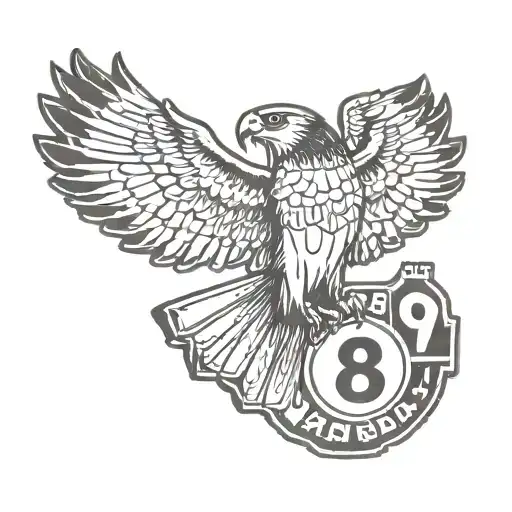 a falcon with its wings spread wide with a number plate saying W088LE on its chest tattoo design idea