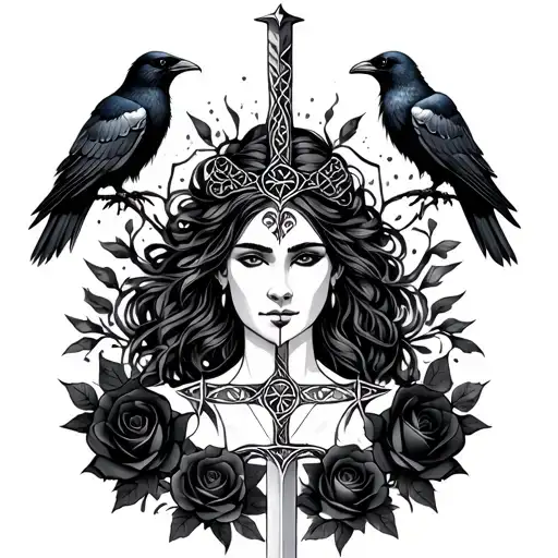 Celtic Goddess, Morrigan. Surrounded by ravens, black roses and swords tattoo design idea