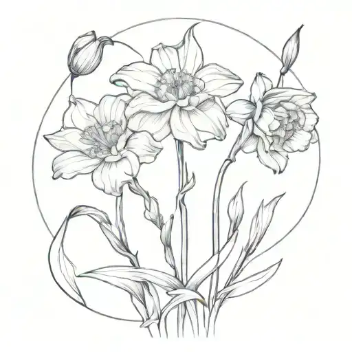1 carnation, 1 gladiolus, and 1 narcissus flower with long stems that cross over each other tattoo design idea