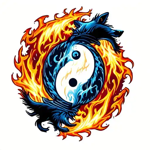 Ying yang with 2 wolves  going in a circle, one based on fire on the left  , one based on ice on the right  tattoo design idea