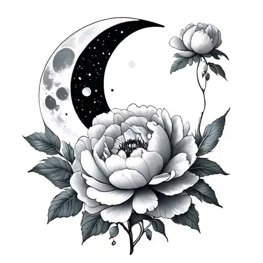 waxing gibbous moon phase with fine line peonies flower tattoo tattoo design idea
