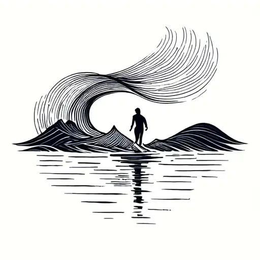 small figure walking across calm waves, abstract flowing lines merging with horizon, symbol of trust and courage tattoo design idea