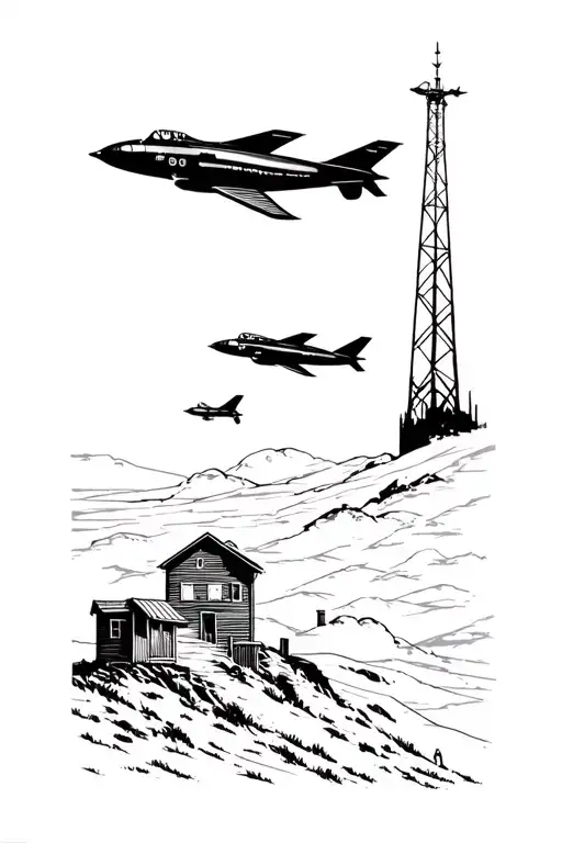 Jet flying over shacks and towers tattoo design idea