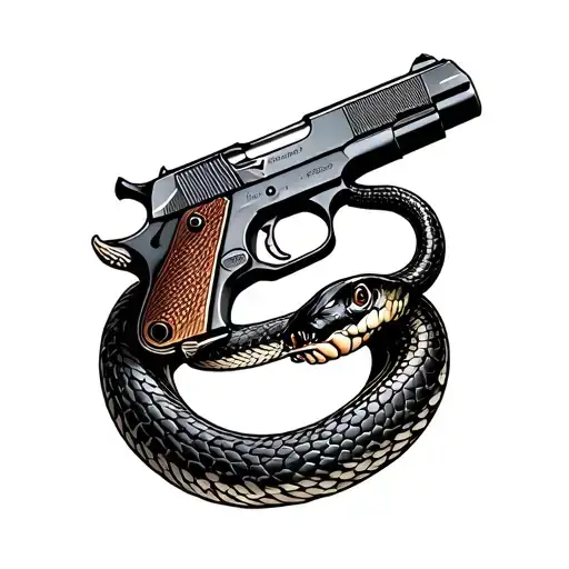 a snake rolling on arm to hand with 1911 pistol tattoo design idea