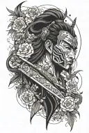 blackwork, trash polka and abstract style, full arm, floral designs, but many, Japan samurai culture. tattoo design idea