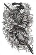 blackwork, trash polka and abstract style, full arm, floral designs, but many, Japan samurai culture. tattoo design idea