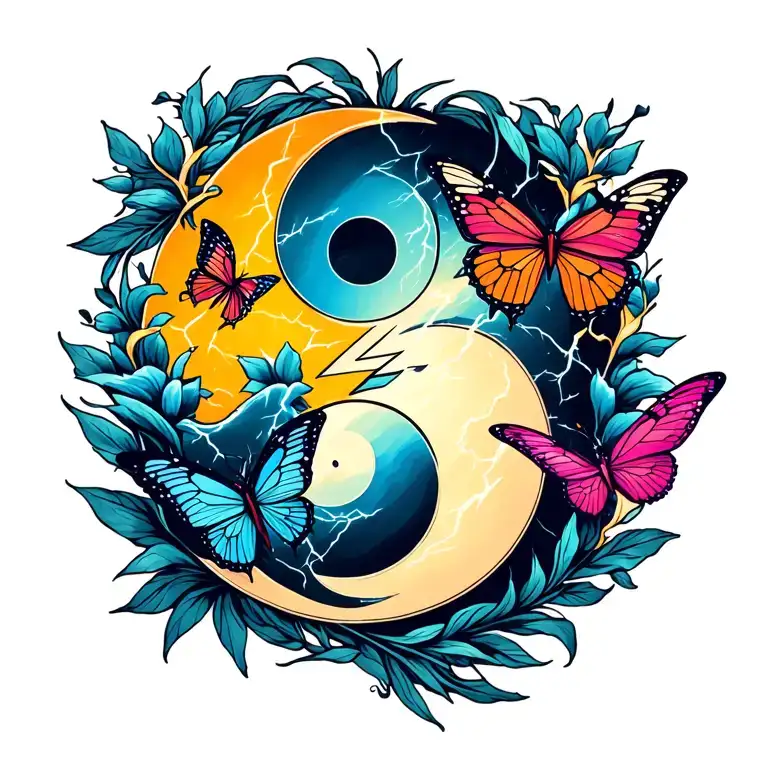 friendship symbol with yin & yang and lightning & thunder and butterflies tattoo tattoo design idea