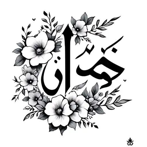 إبراهيم name written with elegant flowers and arabic calligraphy, hide the name with design, make it statement of Love tattoo design idea