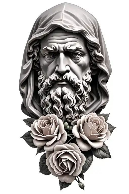 hooded socrates with roses blooming flowers symbolizing tattoo design idea
