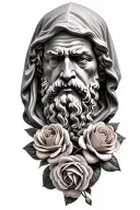 hooded socrates with roses blooming flowers symbolizing tattoo design idea