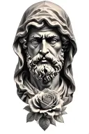 hooded socrates with roses blooming flowers symbolizing tattoo design idea