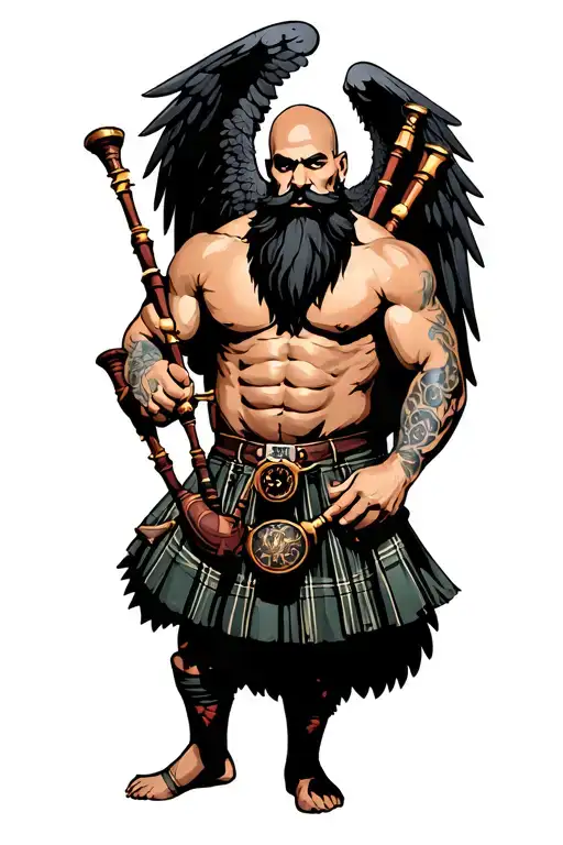 bagpipes in left arm bald shirtless muscular bagpiper black beard with two huge black wings  tattoo design idea