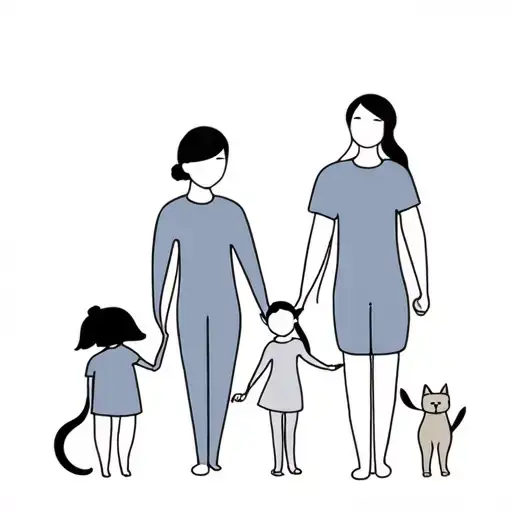 a family with a dad, a mom, one girl (3 years old) and one baby girl (2 months) and one cat next to them, holding hands tattoo design idea