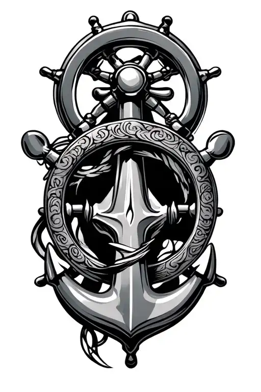 Ships Anchor with Ship Helm and added japanese traditional tattoos tattoo design idea