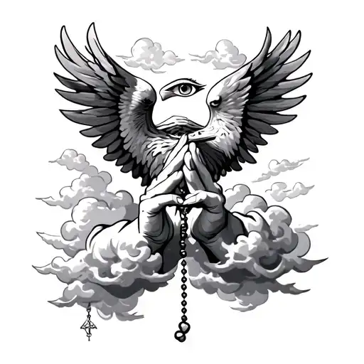 praying hands holding a rosary with an eye surrounded by clouds with an eagle tattoo design idea