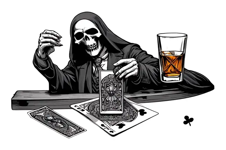 hustler and the grim reaper playing cards and drinks whiskey tattoo design idea