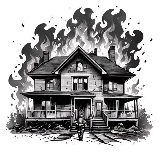 firefighter walking into burning house with keep pray alive over the top tattoo design idea