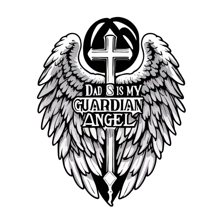 angel wings with cross with phrase "dad is my guardian angel tattoo design idea
