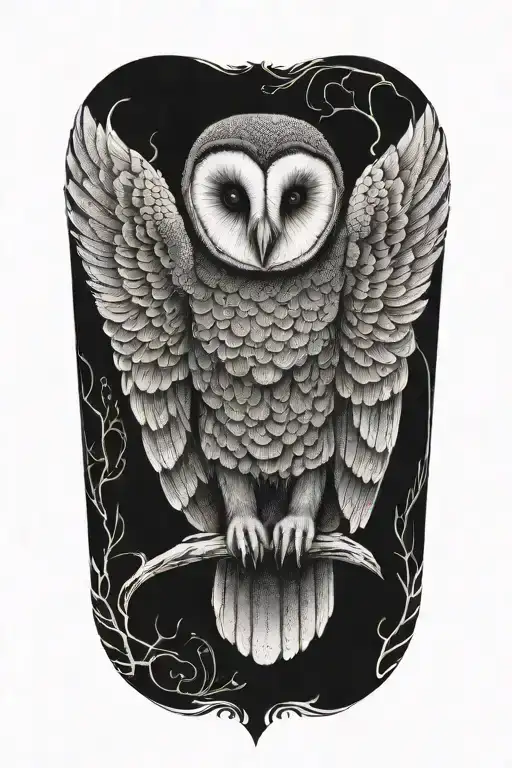 barn owl, wings spread, tattoo design idea
