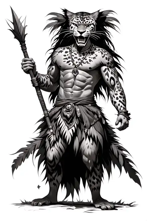 Brazilian warrior, with primitive-looking clothing, with jaguar skin features, holding a spear, with an angry expression tattoo design idea