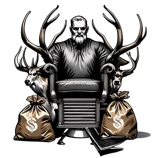 A barber's chair surrounded by hunting trophies and money bags tattoo design idea