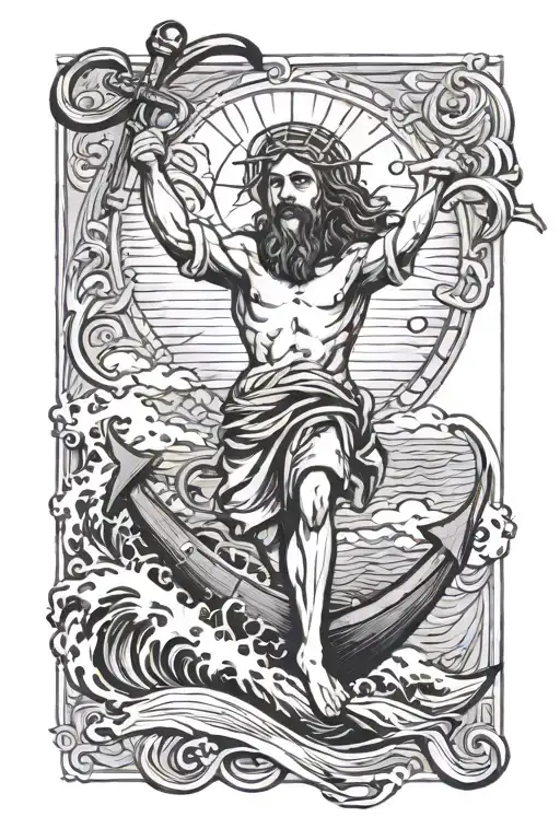 jesus on a anchor cross in the sea tattoo design idea
