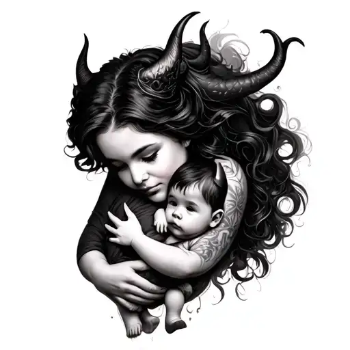 lady holding a baby devil tattoo design idea