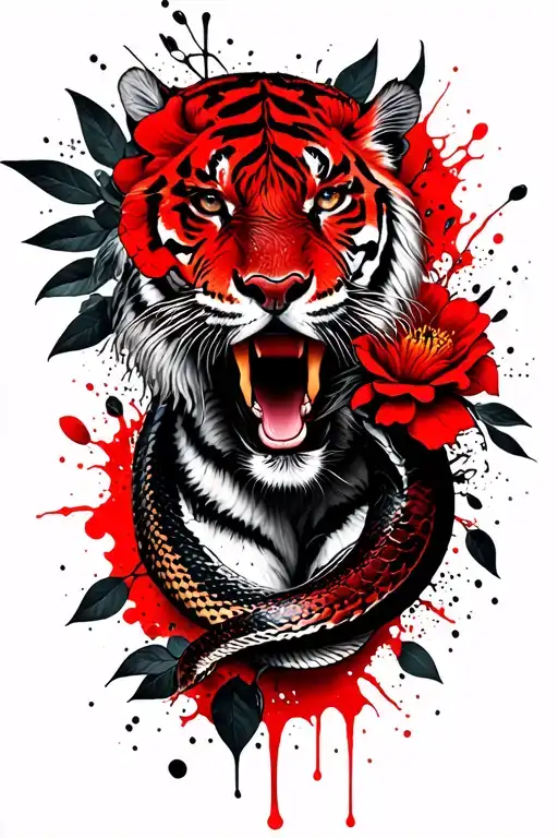 Picture a tattoo, a bb, a combination of two animals "tiger" and "a snake, a flower denoting eternal love. Tattoo will be located N tattoo design idea