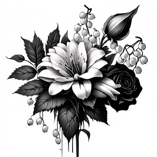 a crysanthemum, a rose, and a lily of the valley in a broken vase  tattoo design idea
