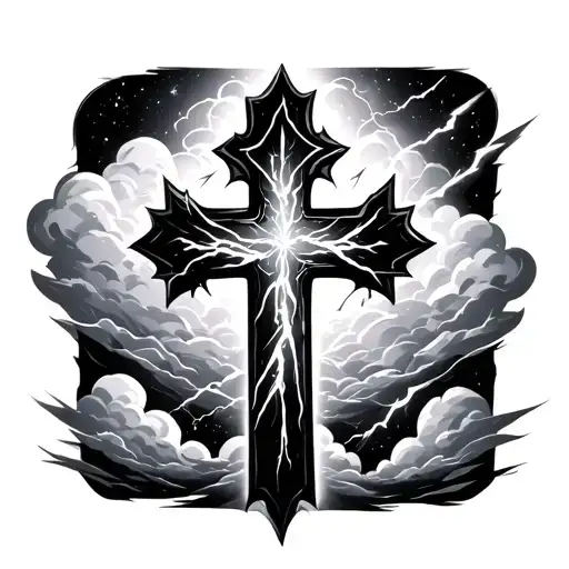 cross tattoo on forearm with clouds and lightning bolt tattoo design idea