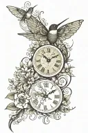 flowers hummingbird dragonfly clockface tattoo design idea