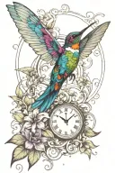 flowers hummingbird dragonfly clockface tattoo design idea