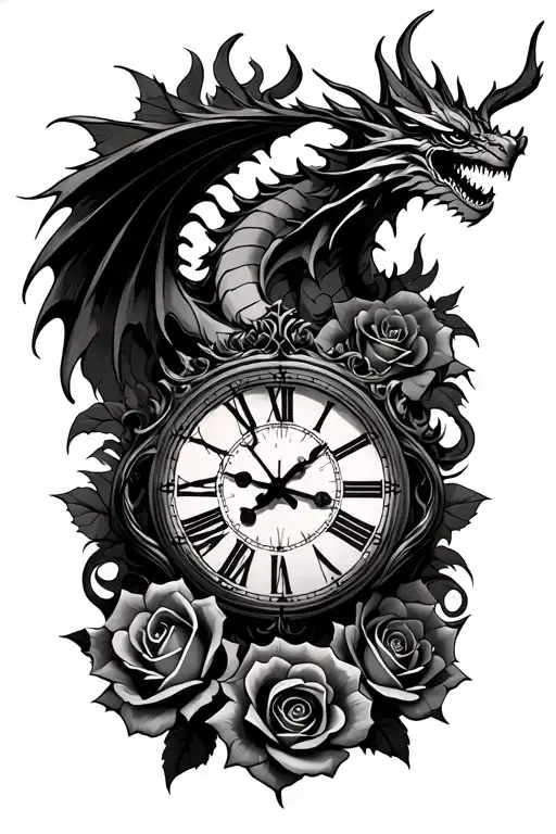 roses intertwined, clock face surrounded, dragon flying tattoo design idea