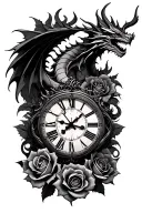 roses intertwined, clock face surrounded, dragon flying tattoo design idea