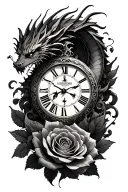 roses intertwined, clock face surrounded, dragon flying tattoo design idea