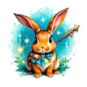 a rabbit as a main focus with magical elements like a wand, sparkles, or floating orbs tattoo design idea