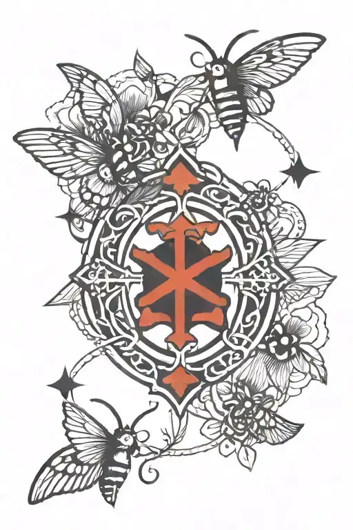black tris with three red crosses and moth, 4 cross and the victory sign tattoo design idea