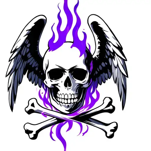 purple fire skull an bones with an angel  tattoo design idea
