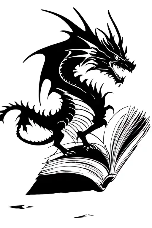 dragon silhouette taking flight from blank torn out pages of a book tattoo design idea