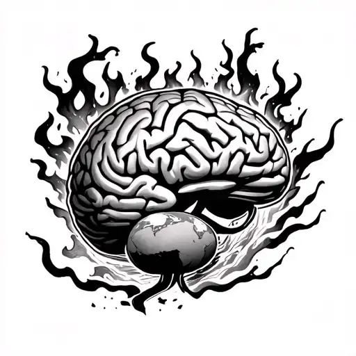 a brain floating above the earth as it gets surrounded by flames and demons  tattoo design idea