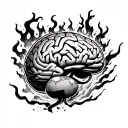 a brain floating above the earth as it gets surrounded by flames and demons  tattoo design idea