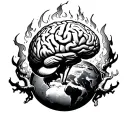 a brain floating above the earth as it gets surrounded by flames and demons  tattoo design idea