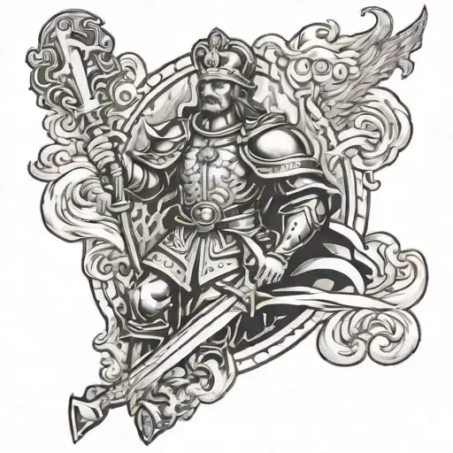 Saint Florian with burning house surrounded tattoo design idea