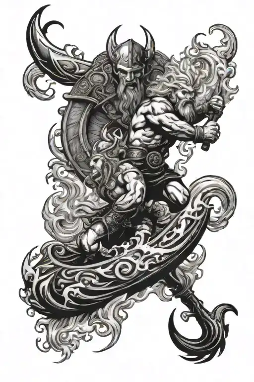 A tattoo design of the gods aegir and logi fighting in the ocean and fire with viking ship and large waves and flames  tattoo design idea
