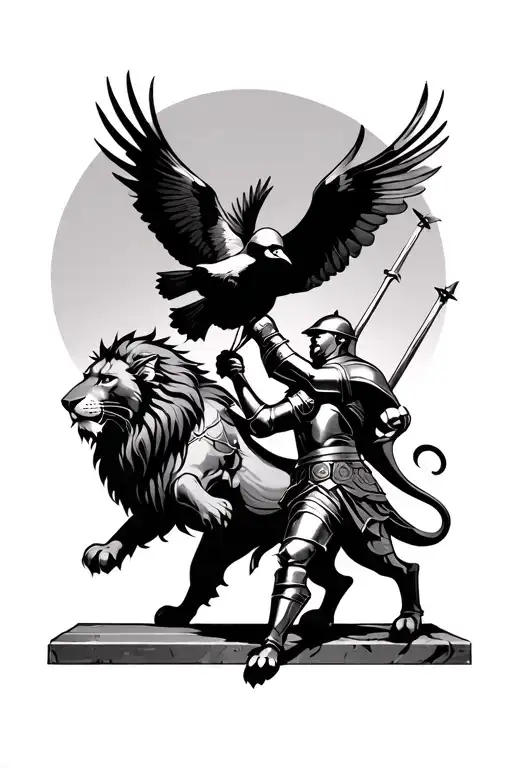 a knight fighting a lion with a cardinal bird flying tattoo design idea