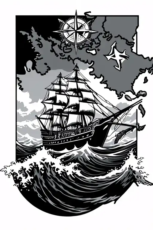eastern Canada map with compass, rope knot, anchor, and frigate ship crashing through wave tattoo design idea