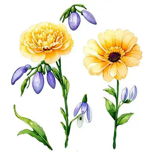 1 carnation two snowdrops 1 violet 1 daisy 1 larkspur 1 aster 1 holly 1 narcissius floral tattoo design idea