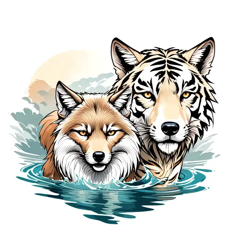 fox, wolf and a tiger coming out of water tattoo design idea