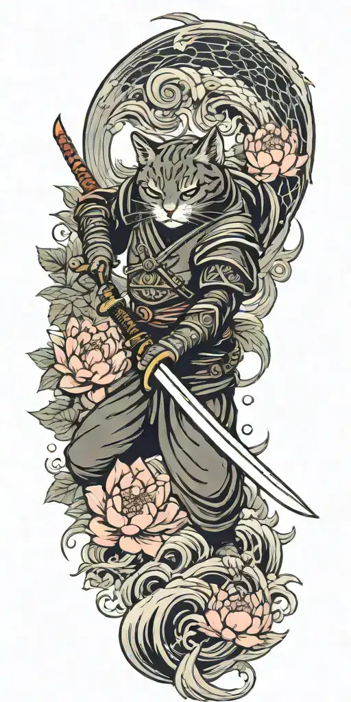 ninja cat holding katana sword, tail, water, waves, lotus, sakura, clouds, whirlpool, leaves, peony tattoo design idea