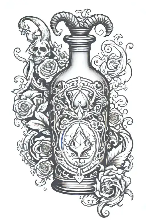 potion bottle with maleficent horns and crystal heart tattoo design idea